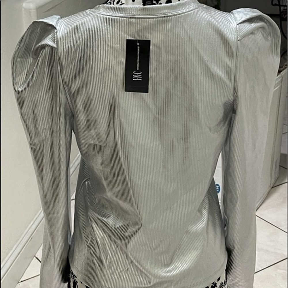 INC Top Silver Long Sleeve   Party Petite Women Sz Medium NEW